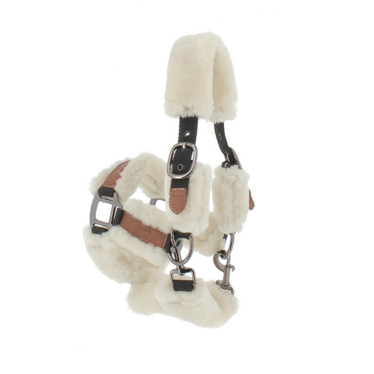 Soft travel halter for horses with flexible padded construction.
