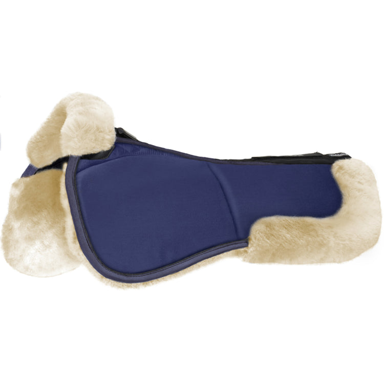 Horse wearing the Stübben Streamline Adjuster Lambswool Half Pad beneath a dressage saddle.
