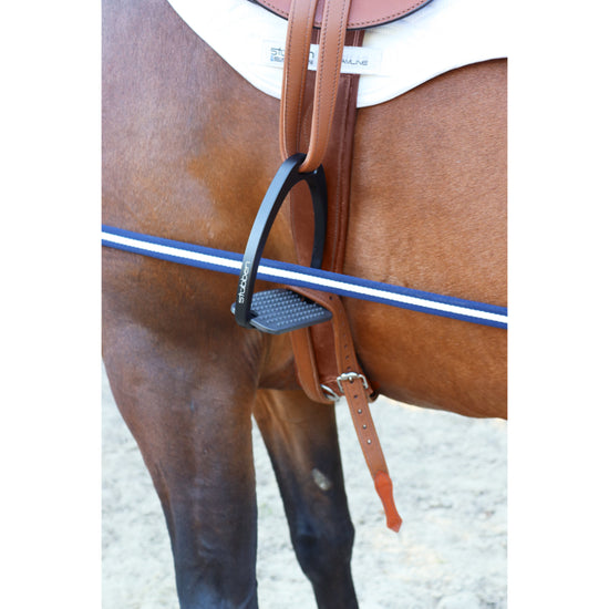 Leather Stübben connecting strap for attaching compatible equestrian tack components.
