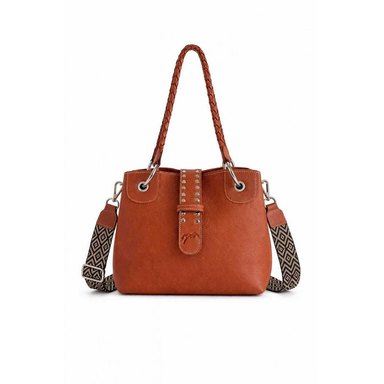 Trapezoid leather handbag with removable shoulder strap