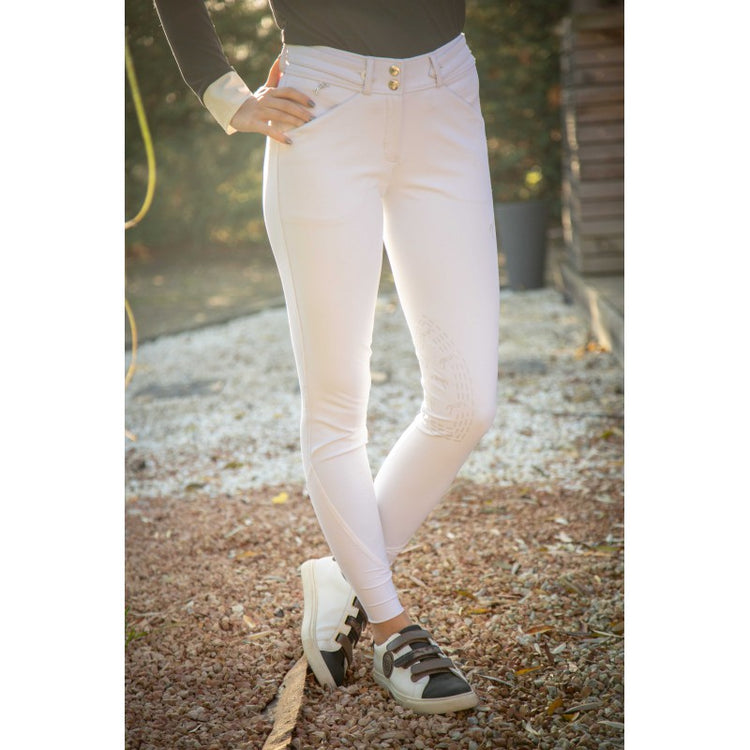 Ultra-stretch equestrian breeches for women with a close comfortable fit and flexible lower leg inserts.