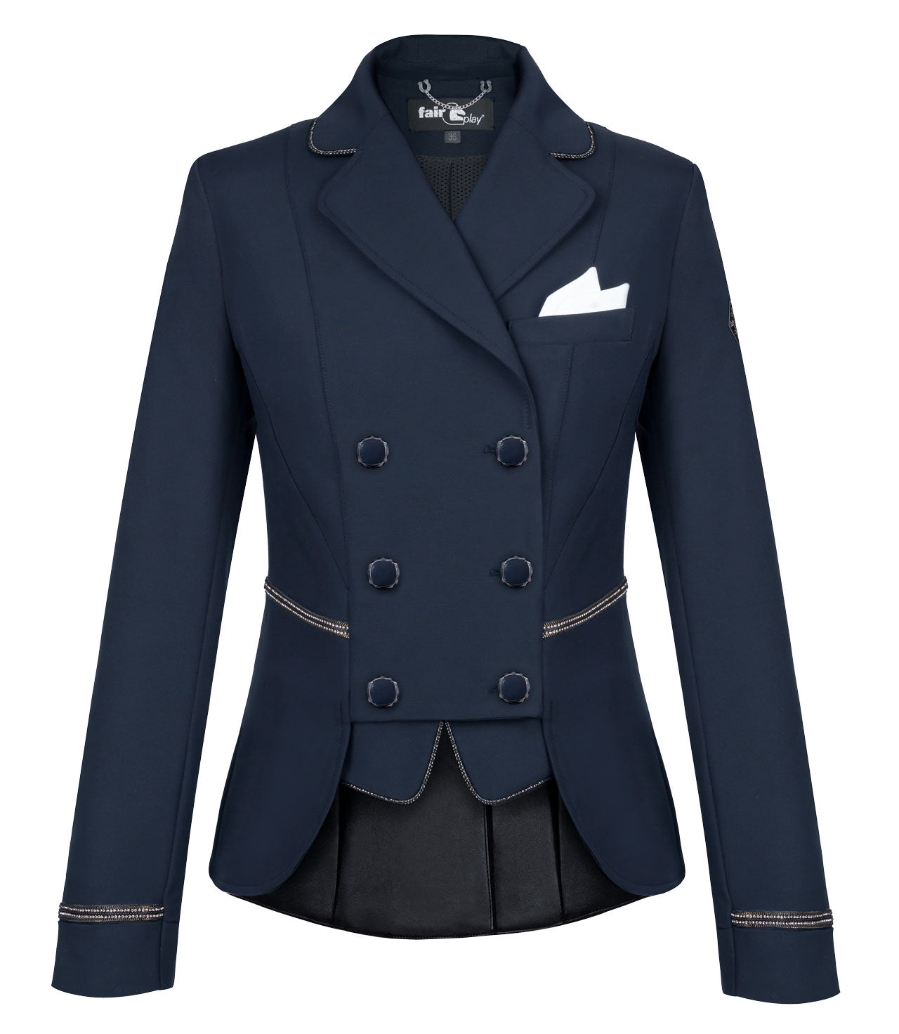 Navy show jacket with a pocket square