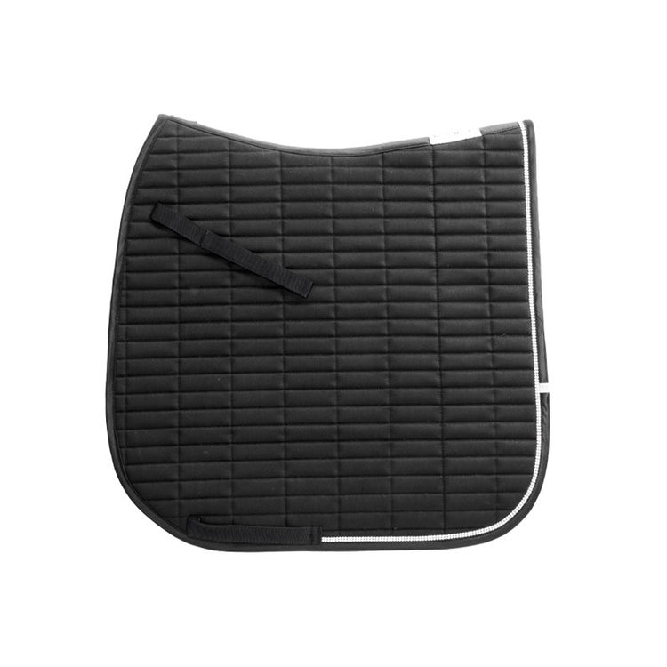 Rhinestones and a satin border decorate the edge of the quilted saddle pad