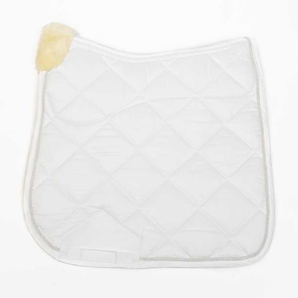 White dressage saddle pad with sheepskin