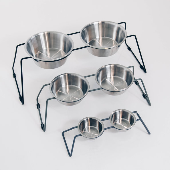small medium and large dog bowls with a stand