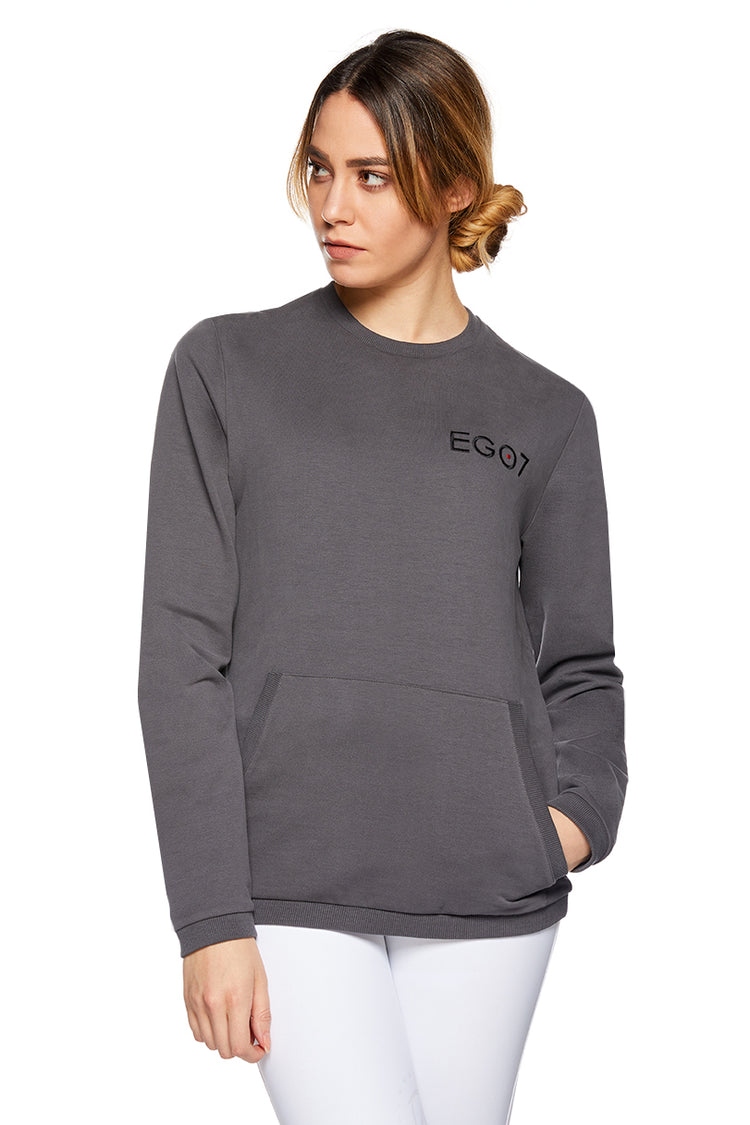 grey sweater with a single pocket