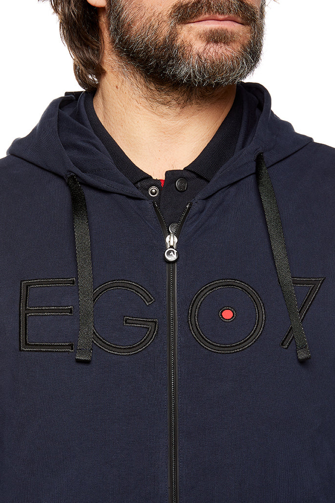 navy sweater with a hood