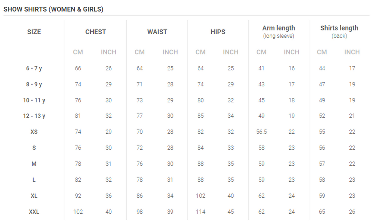 Size chart for show shirt crystal kids
