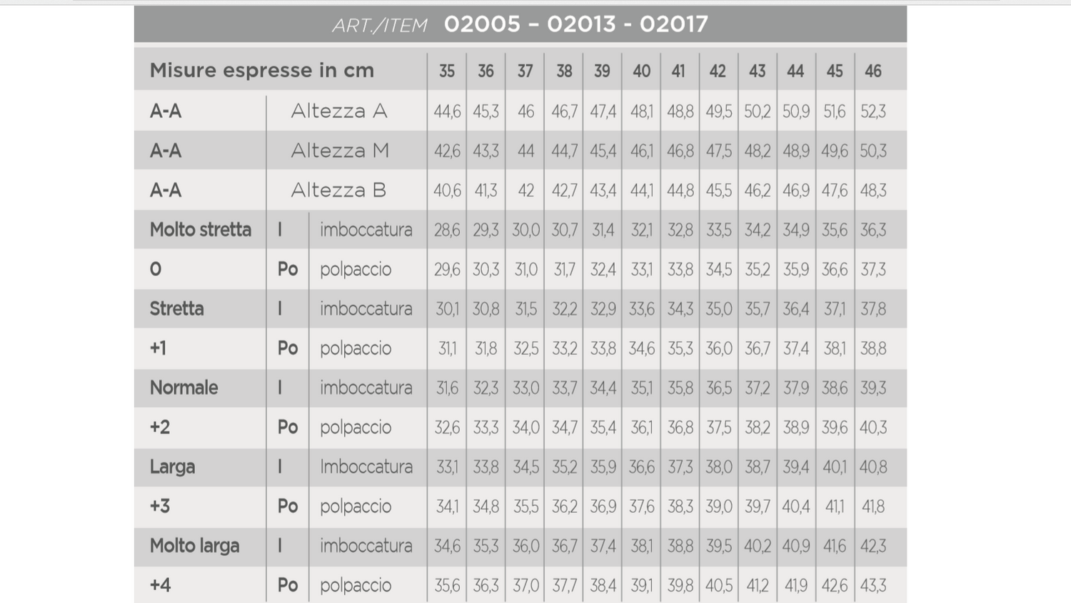 Pioneer Italy Size Chart