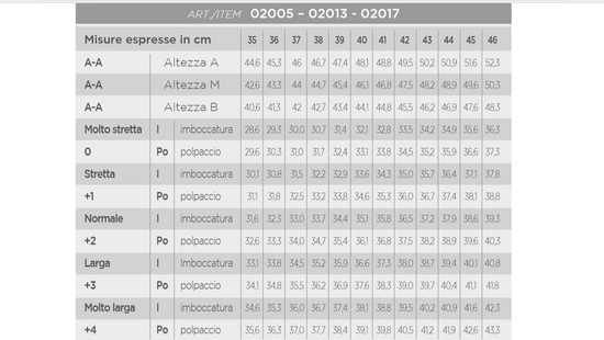 Pioneer Italy Size Chart