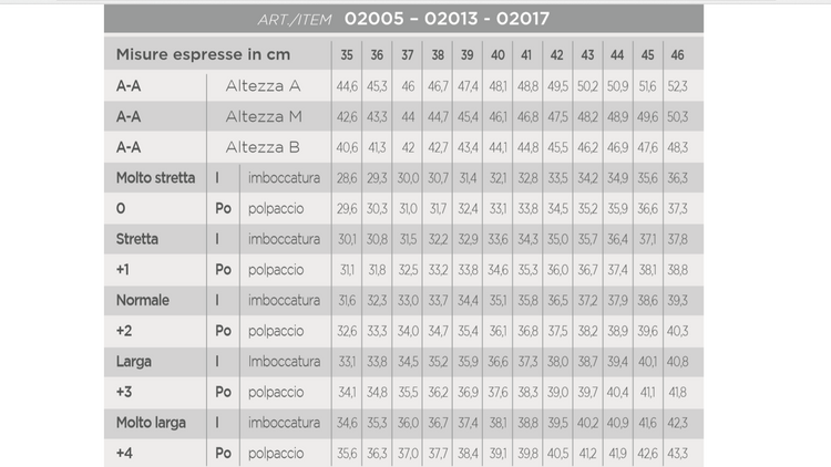 Pioneer Italy Size Chart