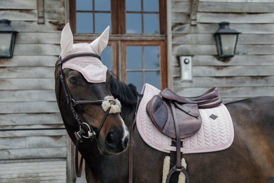 Pale pink matching saddle pad and ear bonnet set for horses