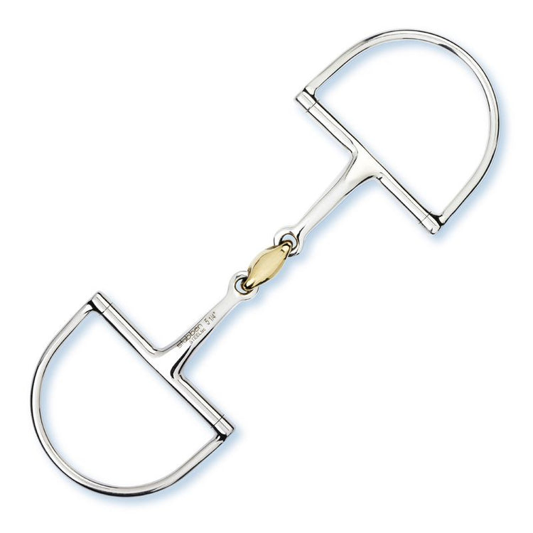 Stübben D-Ring horse bit laid flat to display the symmetry of its cheek and mouthpiece design.