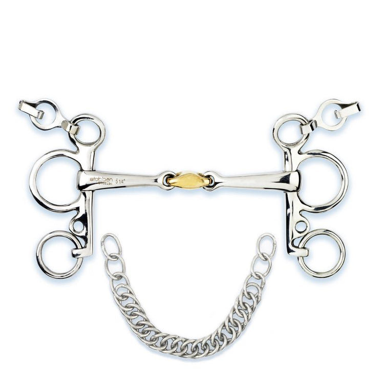 Classic Pelham cheeks frame the polished mouthpiece of this Stübben horse bit.