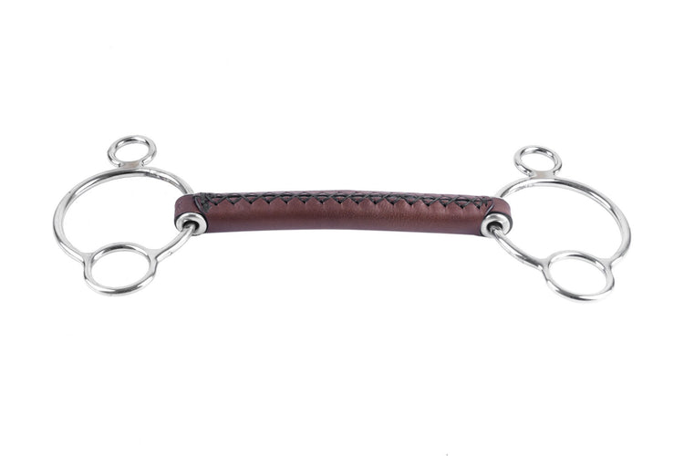 Leather mouthpiece 2.5-ring horse bit with naturally tanned leather and leverage action for adjustable rein control.