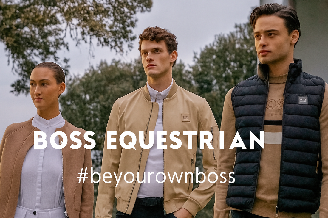 Three equestrians wearing BOSS Equestrian apparel outdoors, showcasing luxury riding jackets, breeches, and vests. #BeYourOwnBOSS branding.