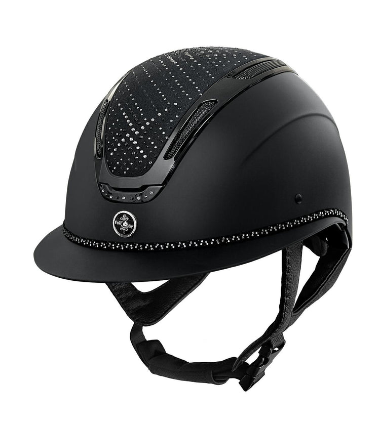 Glossy equestrian helmet with flexible visor