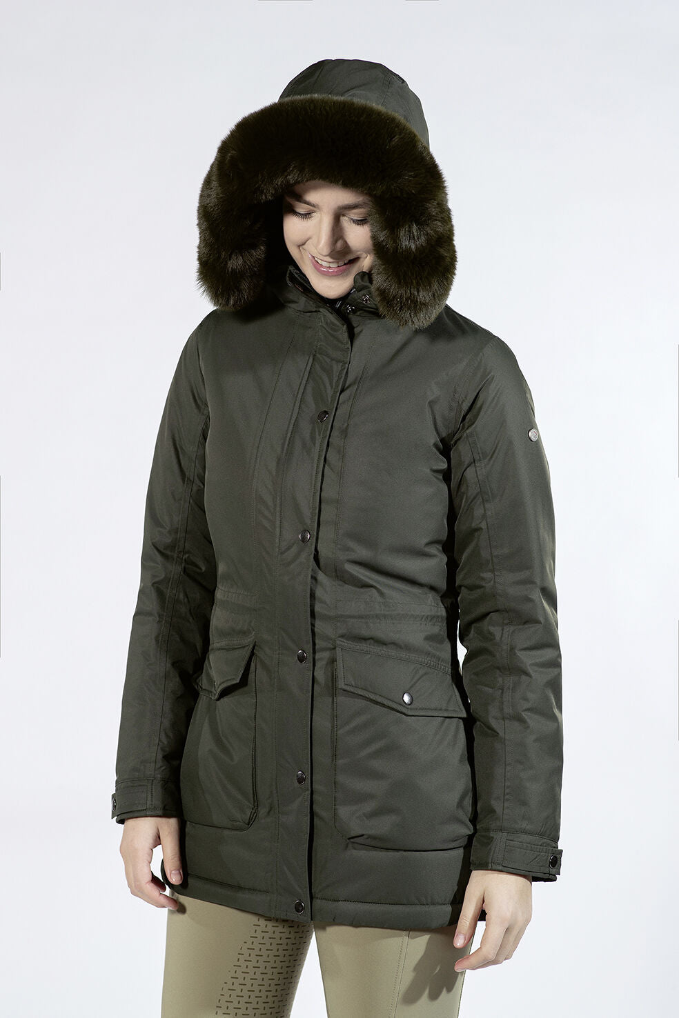 Equestrian winter jacket with large fur hood