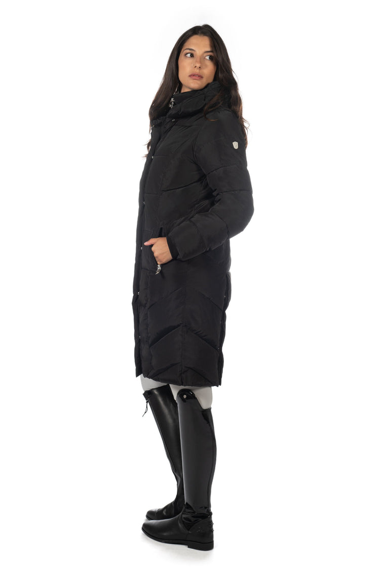 long quilted equestrian coat black with hood and front pockets