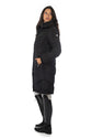 long quilted equestrian coat black with hood and front pockets