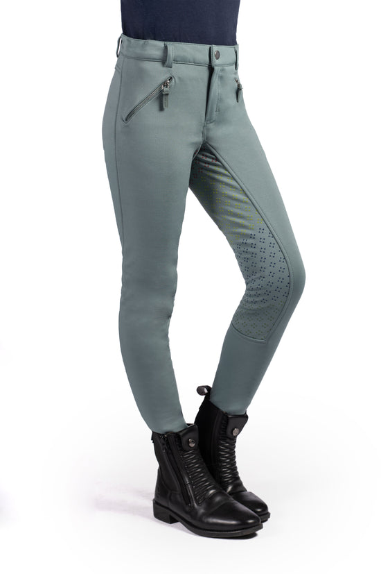 hkm kids breeches mia with silicone full seat and zip pockets sage