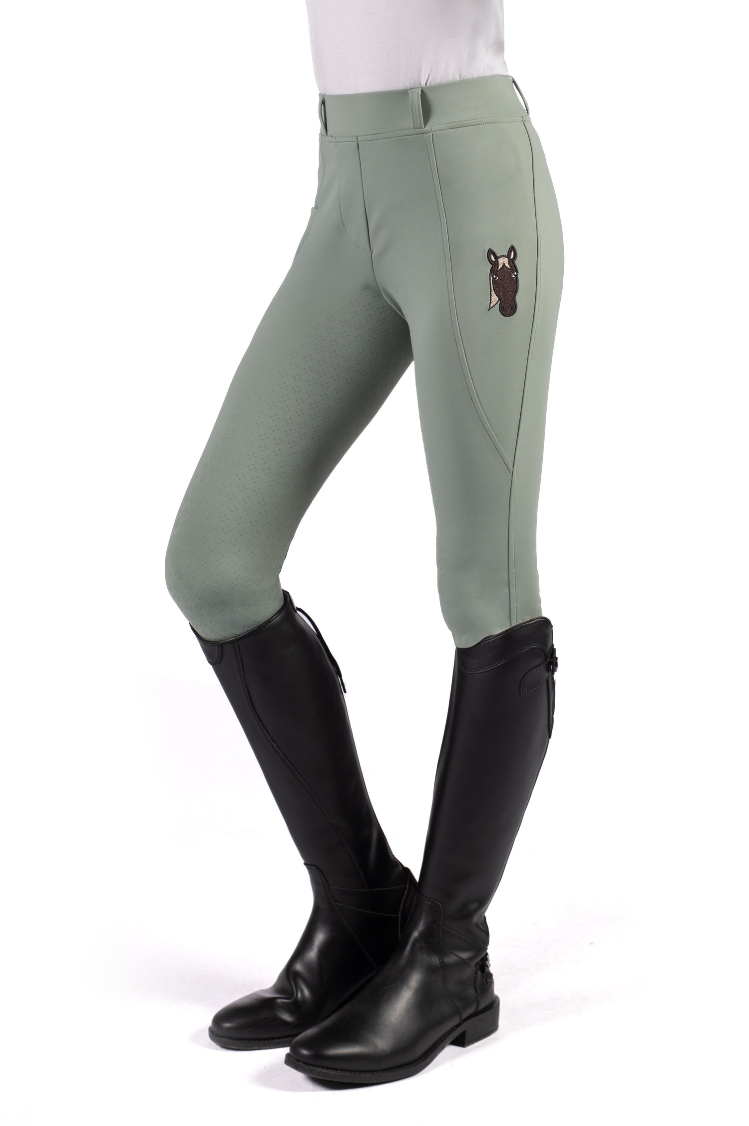 HKM Kids Riding Leggings Mia with lateral mobile phone pocket green