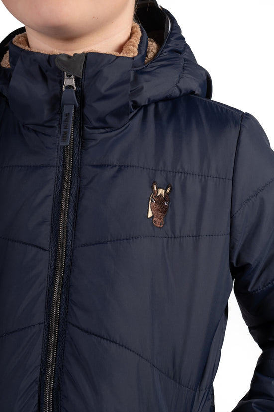 insulated kids riding jacket with reflective details for visibility blue