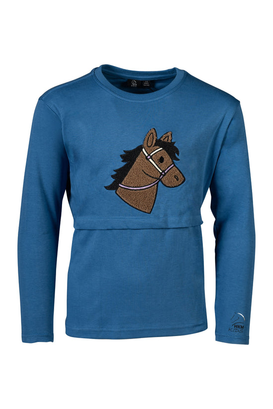 soft kids riding shirt with horse head print and brushed inside blue
