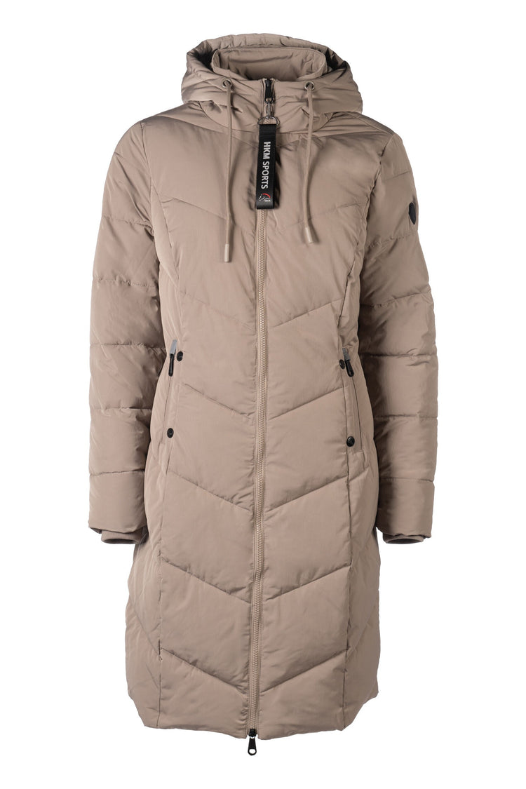 insulated quilted riding coat with water resistant fabric taupe