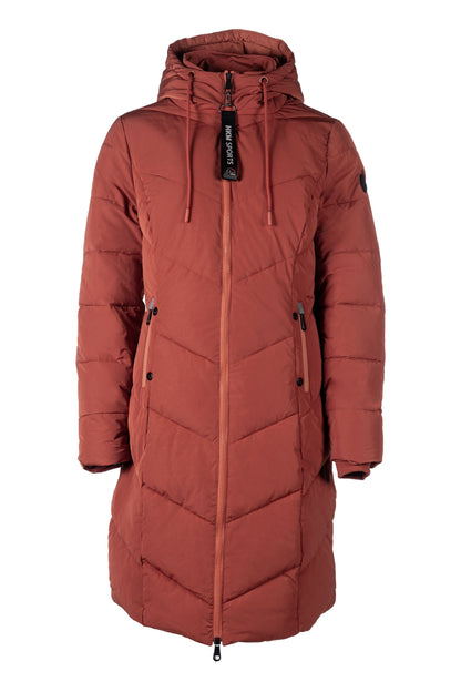 women’s equestrian coat with hood and reflective elements copper