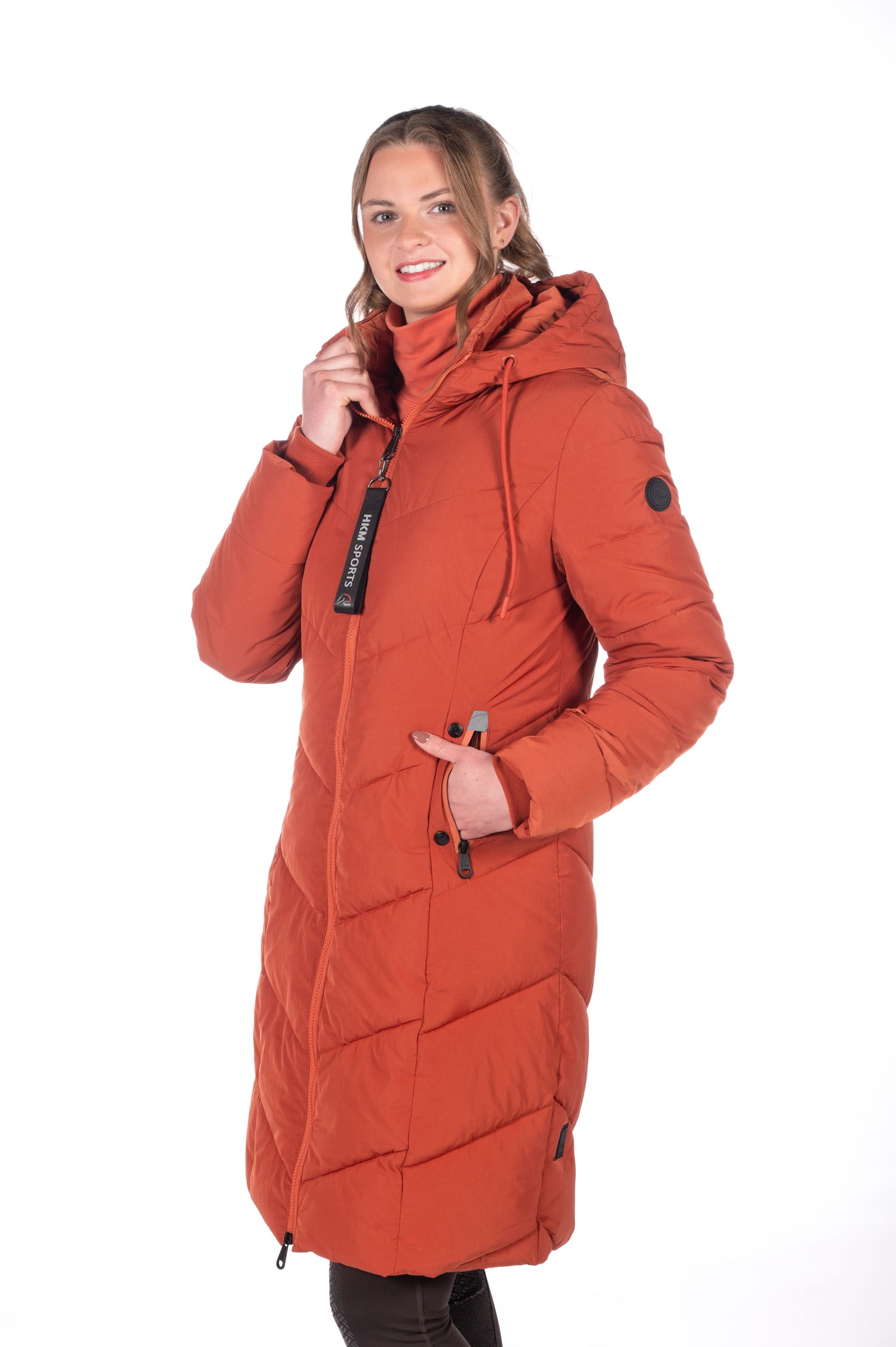 waterproof riding coat with back slit and warm fleece pockets orange