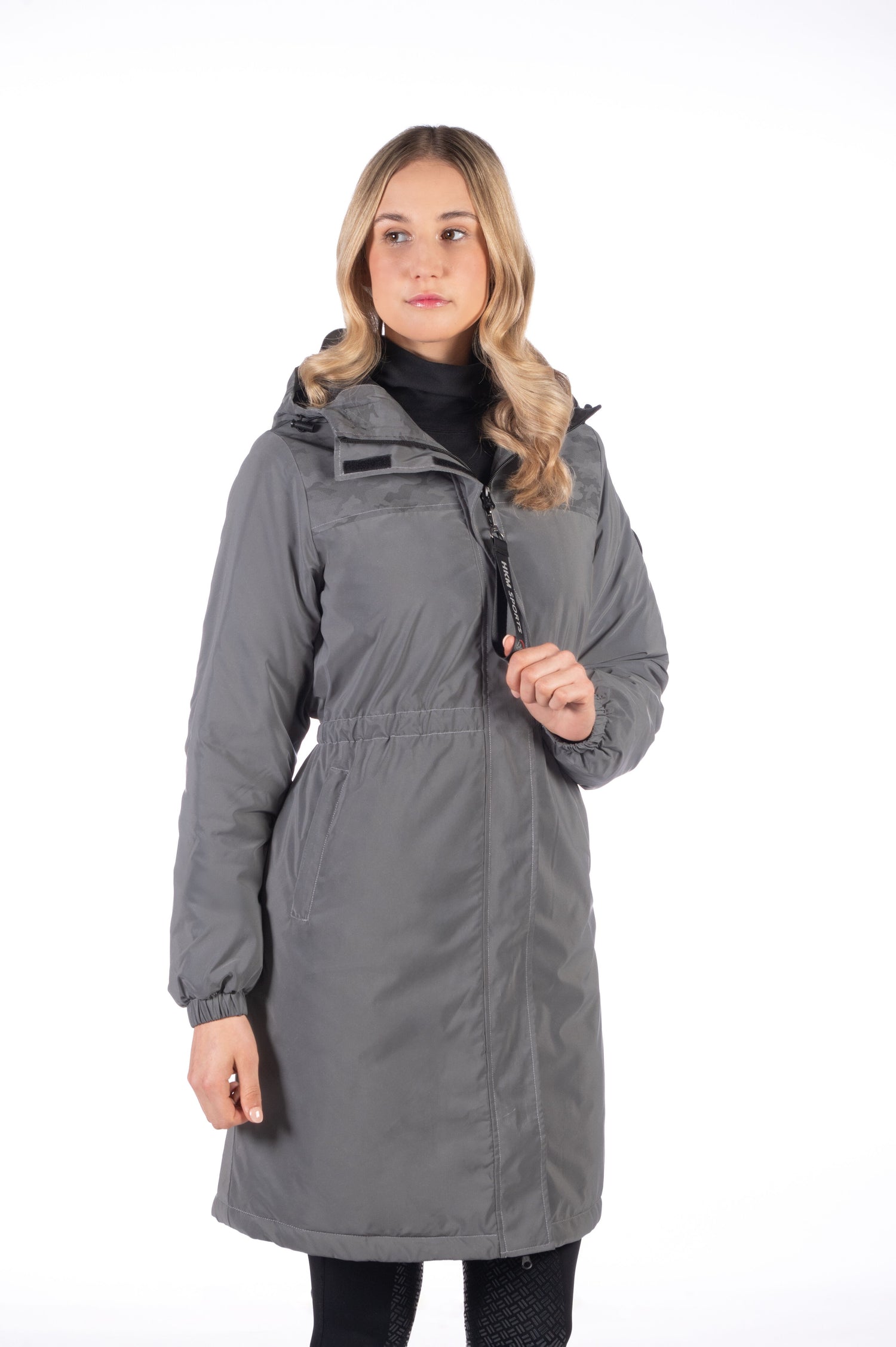 windproof equestrian coat with visor hood and elastic waistband