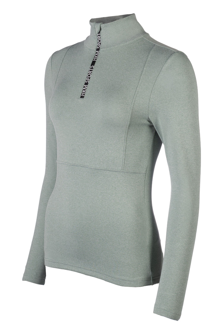 riding shirt with quick front zip and decorative seams green
