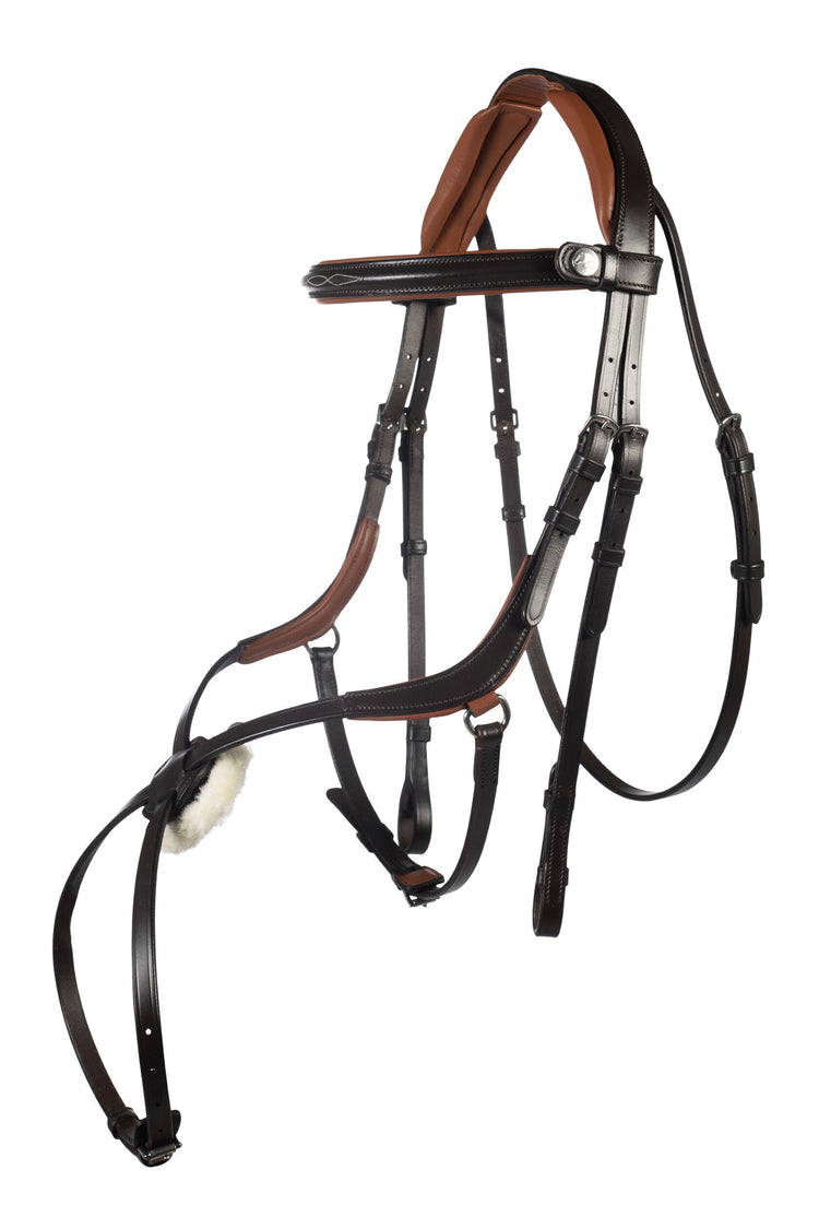 Soft leather horse bridle with grackle noseband and padding brown