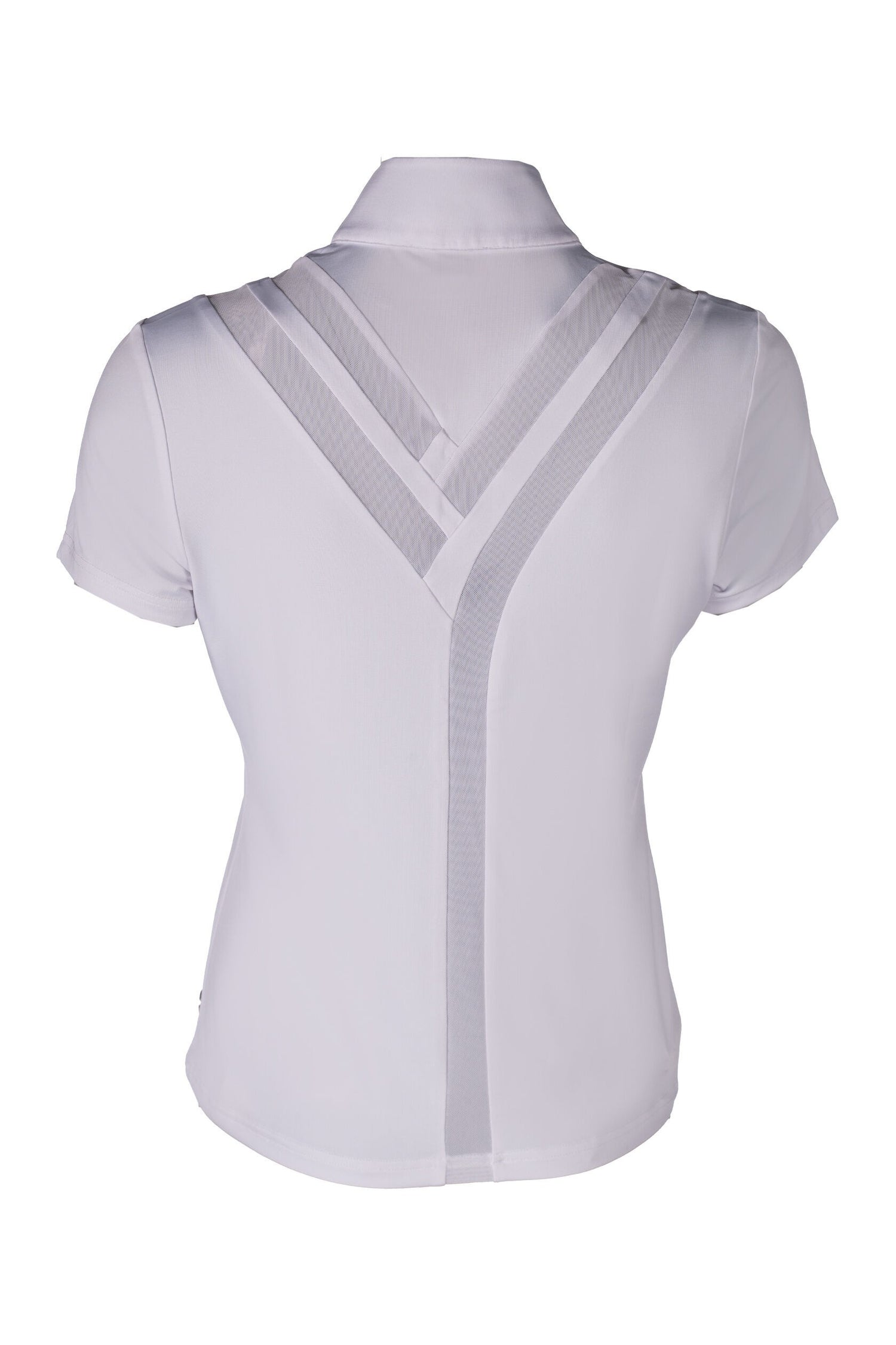white equestrian show shirt with stand-up collar and cherry detail