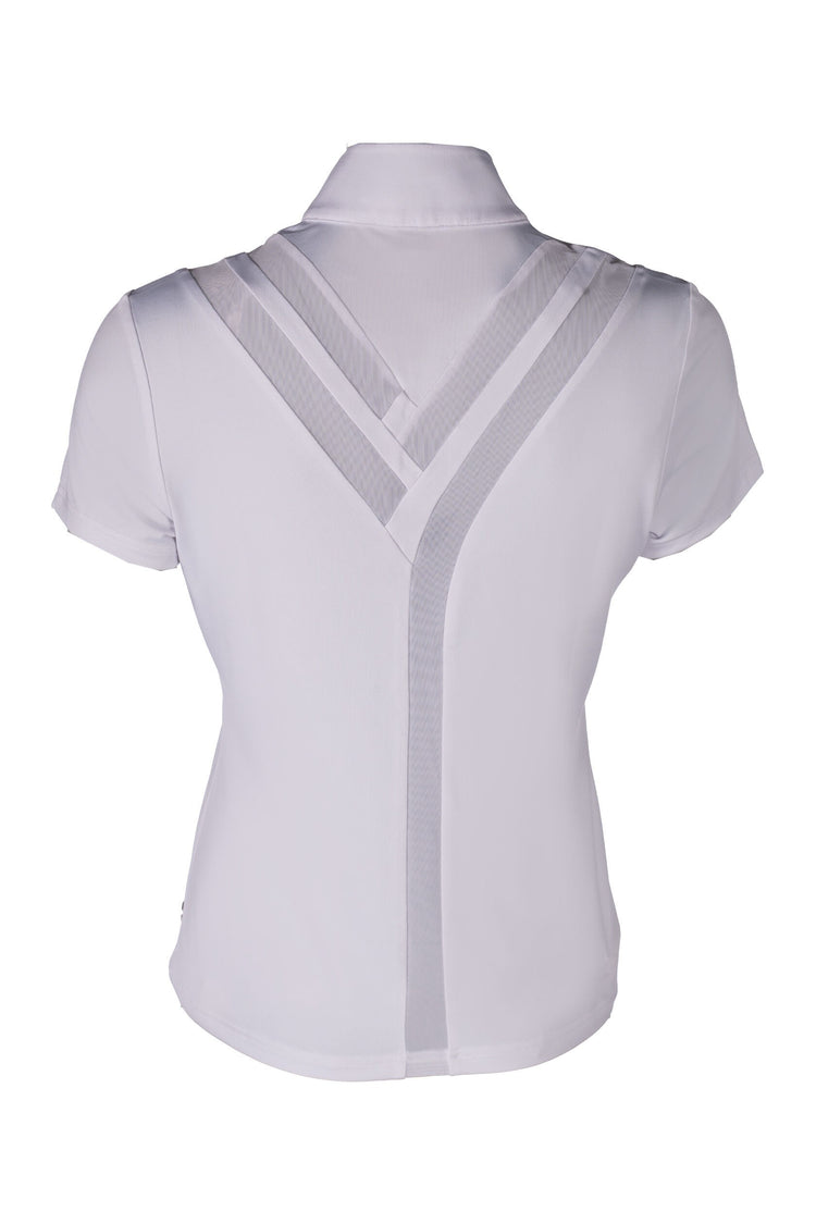 white equestrian show shirt with stand-up collar and cherry detail
