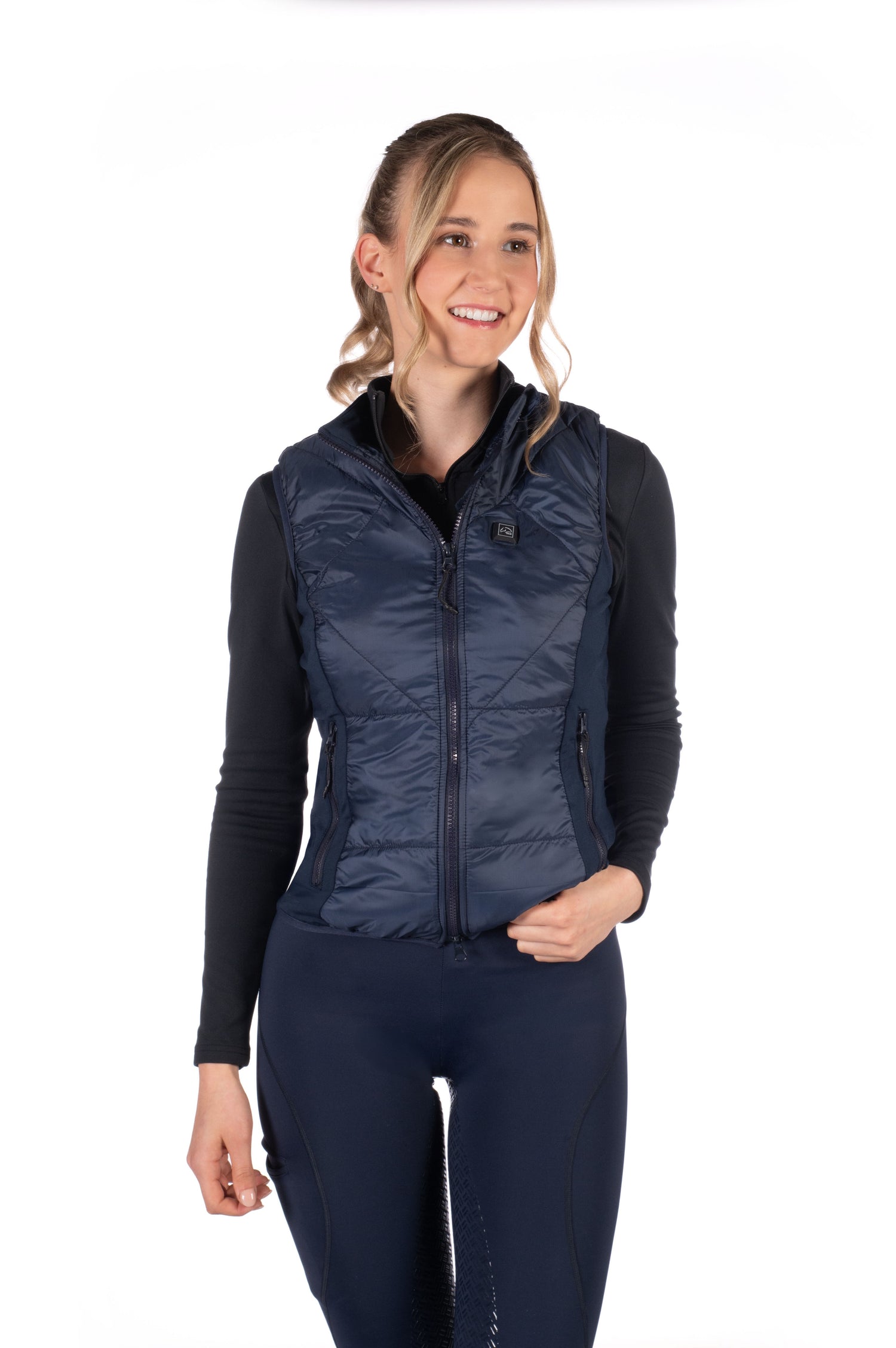lightweight heated riding vest with quilting and stand up collar