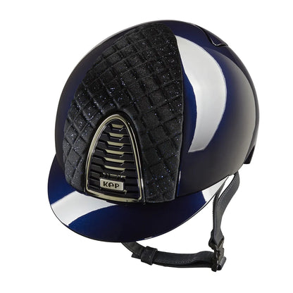 Premium riding helmet in glossy blue with velvet insert