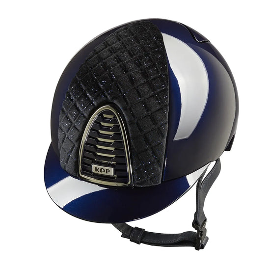 Premium riding helmet in glossy blue with velvet insert