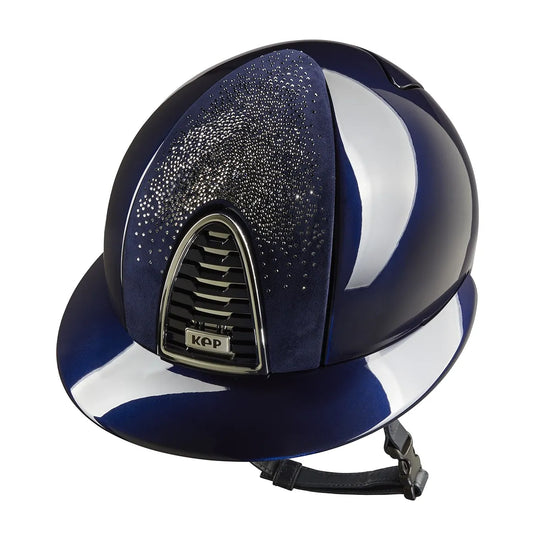Glossy equestrian helmet with Polo visor and crystals blue