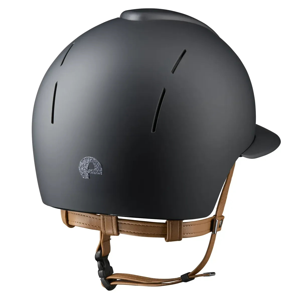 Riding helmet with beige strap and silver star sparkle panel