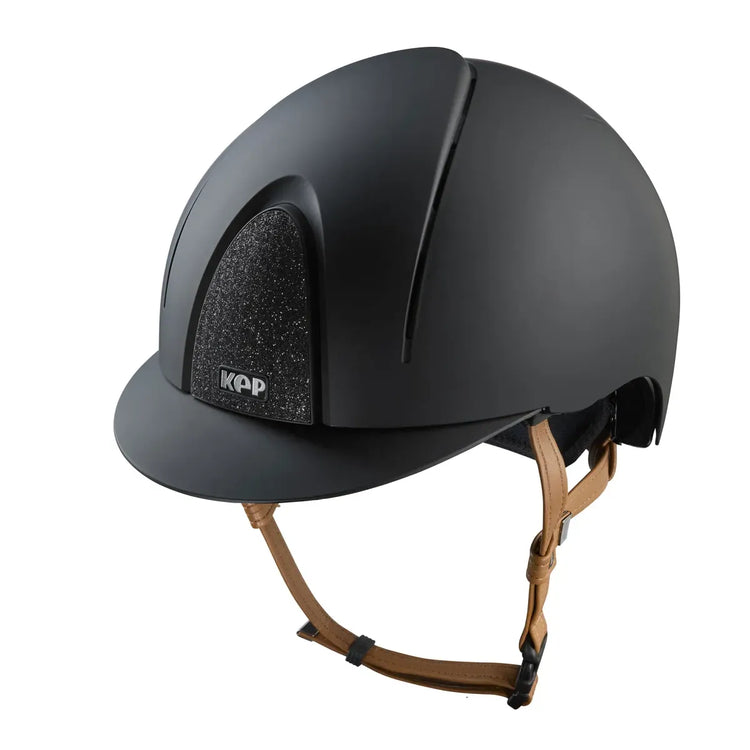 Equestrian helmet with beige chin strap and glitter detail black