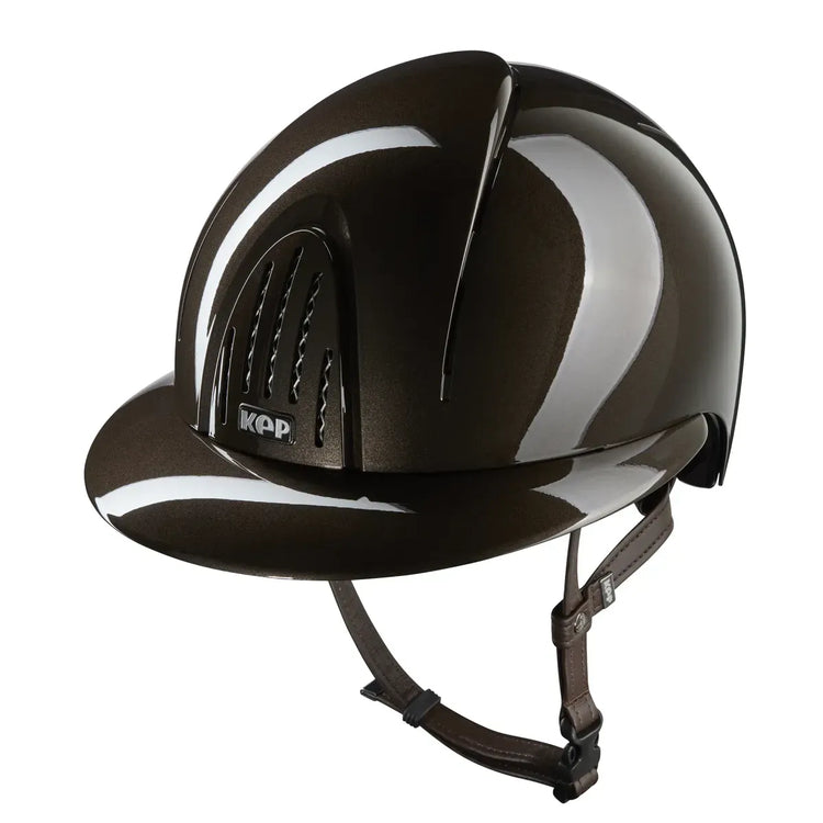 Polished equestrian helmet with extended Polo visor brown