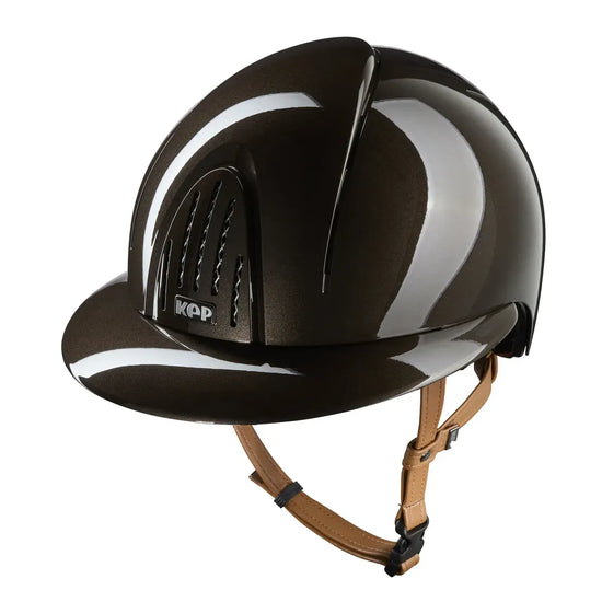 Polished equestrian helmet with long polo visor and beige strap brown