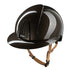 Polished equestrian helmet with long polo visor and beige strap brown