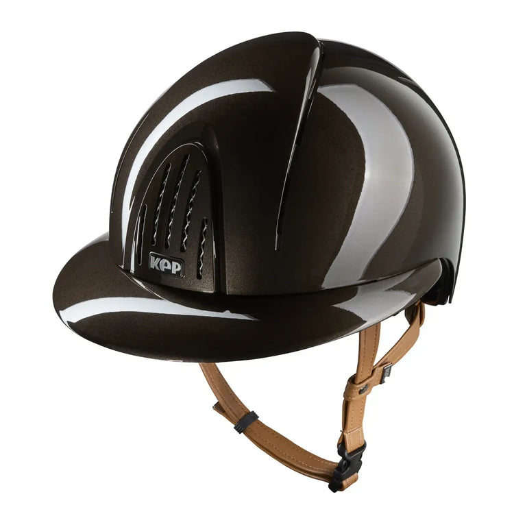 Polished equestrian helmet with long polo visor and beige strap brown
