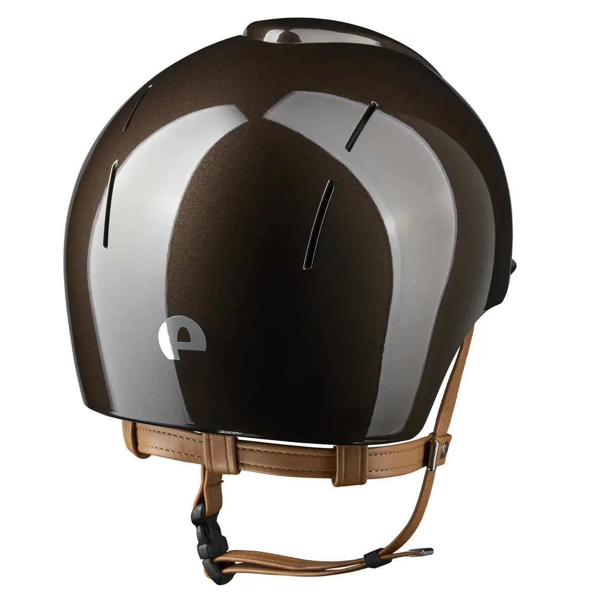 Modern horse riding helmet with extended neck guard beige strap