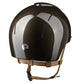 Modern horse riding helmet with extended neck guard beige strap