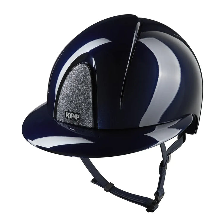 Riding helmet with Polo visor and silver glitter panel blue
