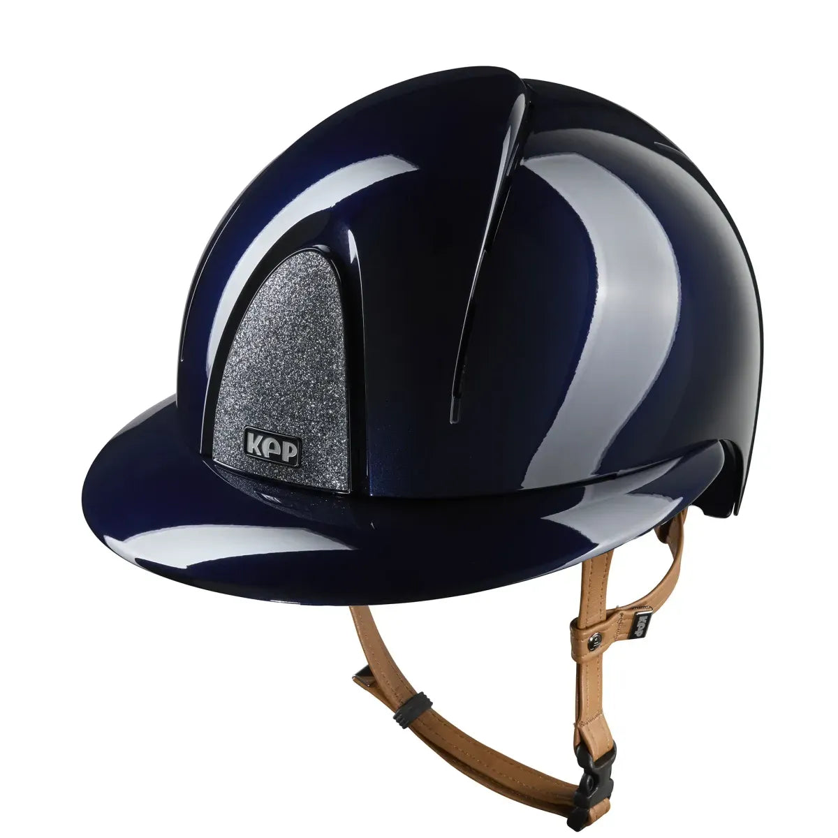 Riding helmet with silver glitter top and beige chin strap